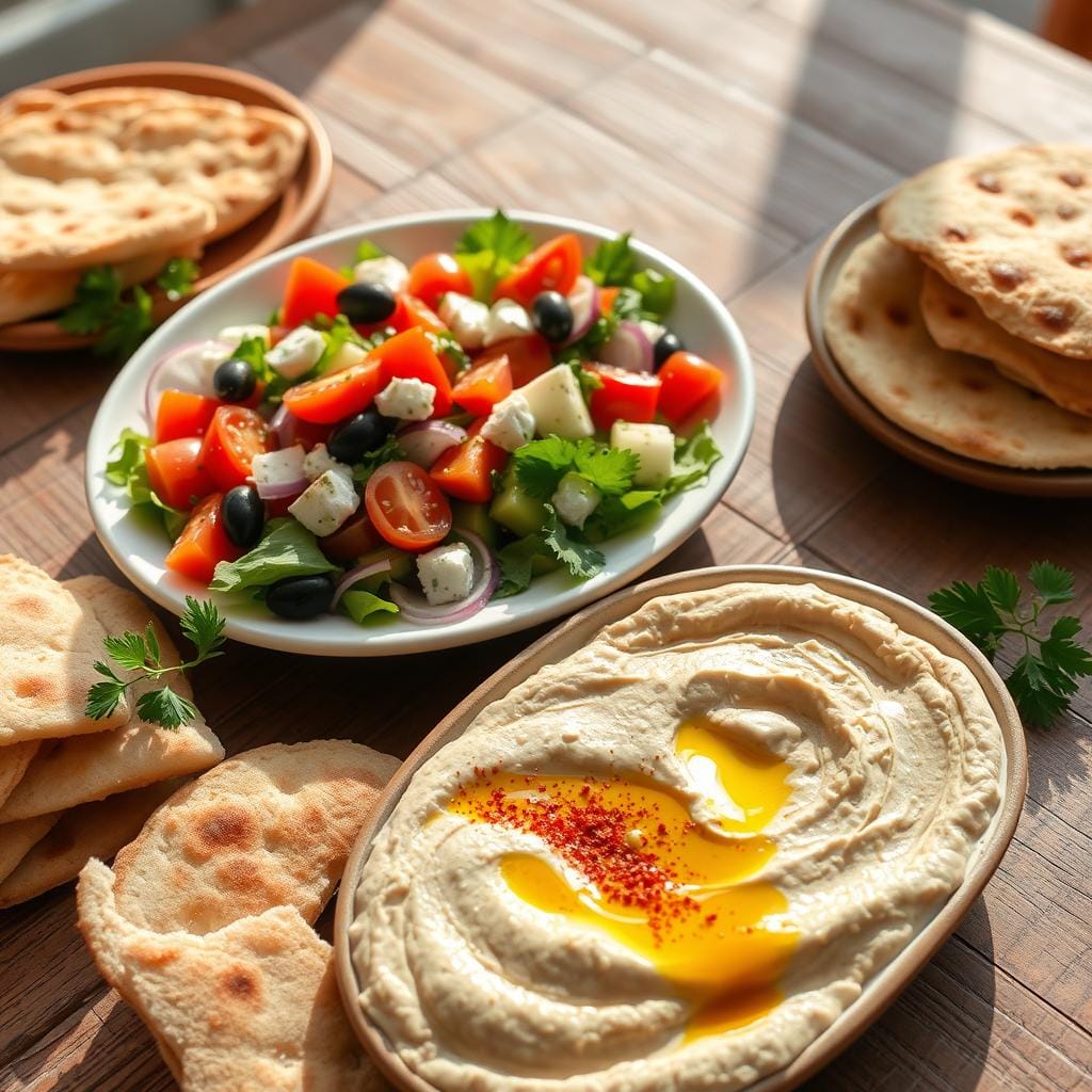 Brunch méditerranéen avec salade grecque et houmous