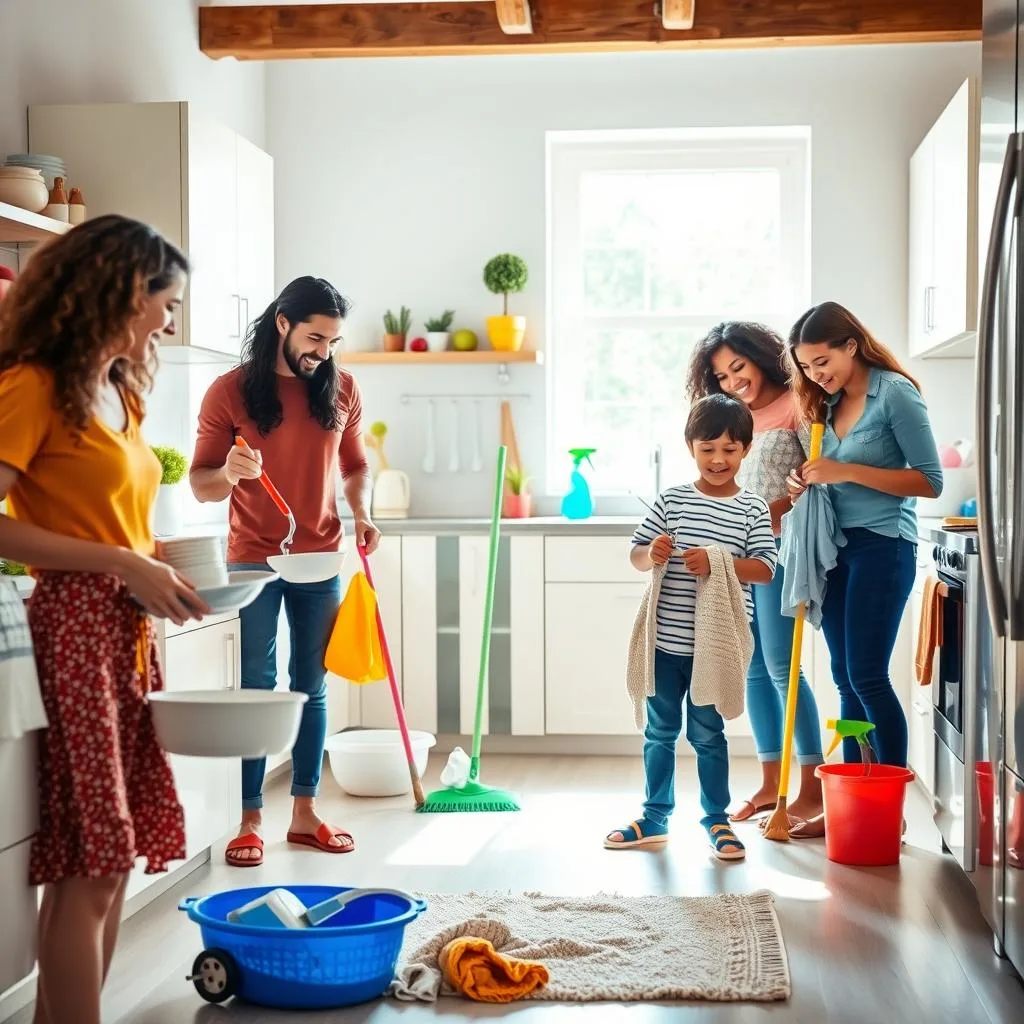 Famille travaillant ensemble aux tâches ménagères