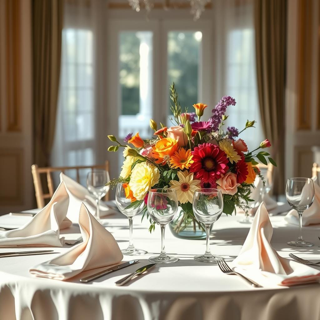 Décoration de table avec serviettes et fleurs